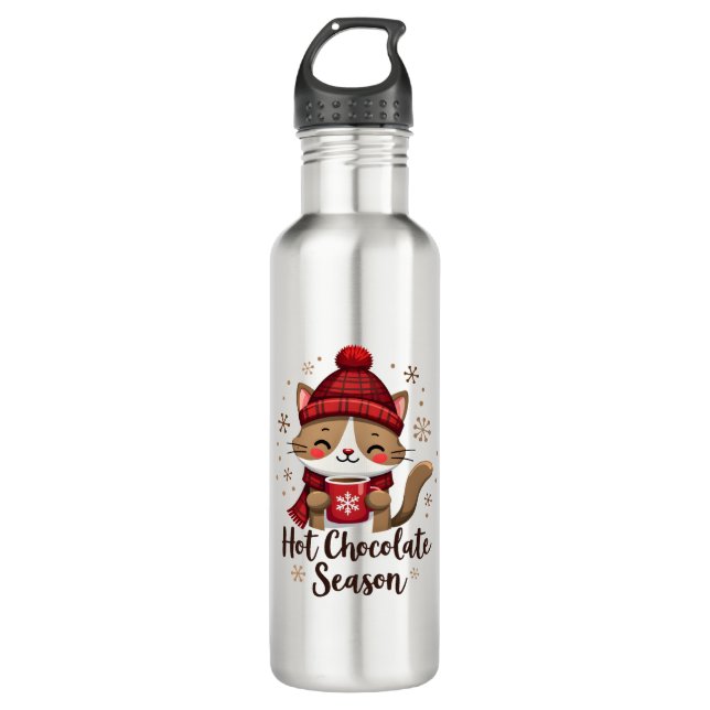 Funny Cat Hot Choco Season Merry Christmas Mom Dad Stainless Steel Water Bottle (Front)