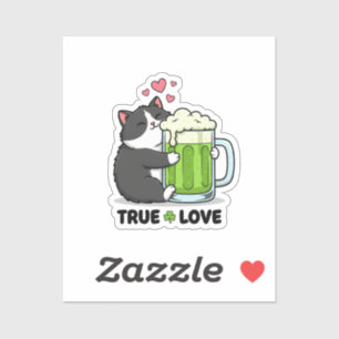 Funny Cat Hugging Green Beer Mug True Love Sticker