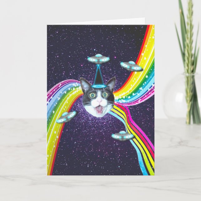 Funny Cat Humor Alien Abduction Birthday Card (Front)