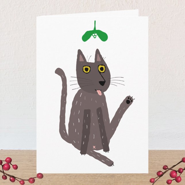 Funny Cat Humor Holiday Card (Funny cat kiss personalized holiday card)