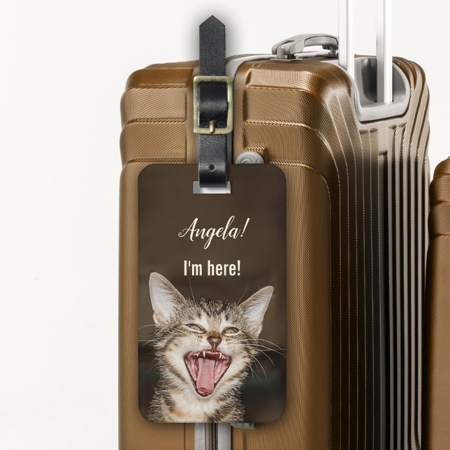 Funny Cat Humorous Luggage Tag (Luggage tag featuring a funny image of a yelling cat trying to catch your attention)