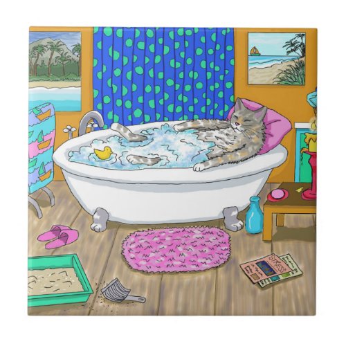 Funny Cat in Bath 665 Ceramic Tile