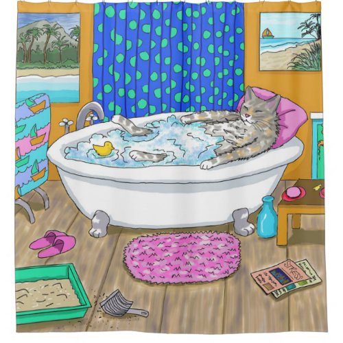 Funny Cat in Bath 665 Shower Curtain