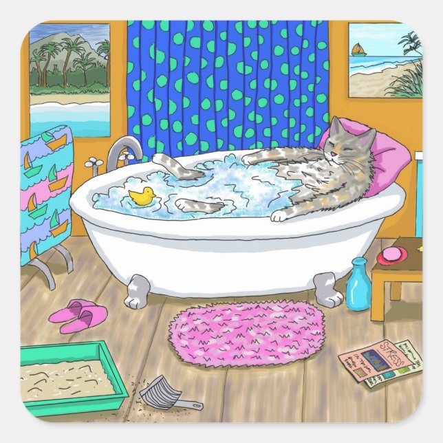 Funny Cat in Bath 665 Square Sticker (Front)