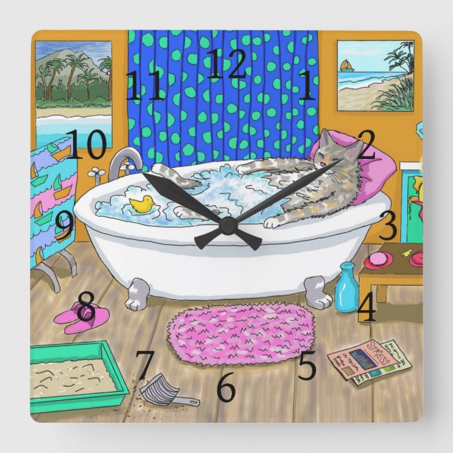 Funny Cat in Bath 665 Square Wall Clock (Front)