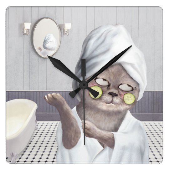Funny Cat in Bathroom Square Wall Clock