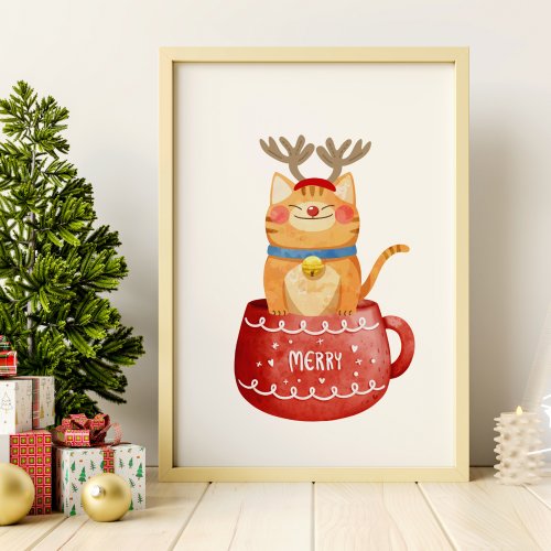 Funny Cat in Cup Reindeer Antlers Red Nose Xmas Poster