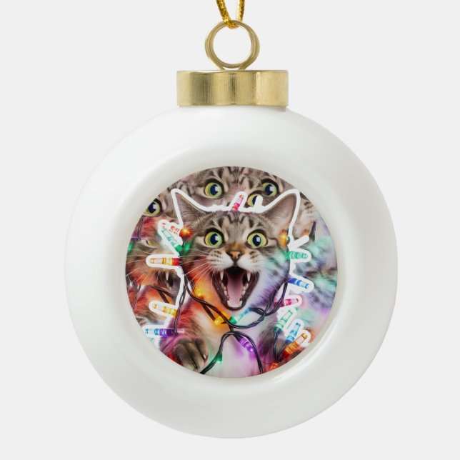 Funny Cat in Lights Holiday Ceramic Ball Christmas Ornament (Front)