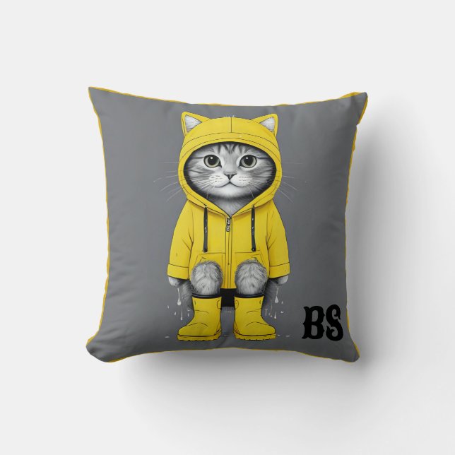 Funny Cat in Rain Boots – cat Humor Throw Pillow (Front)