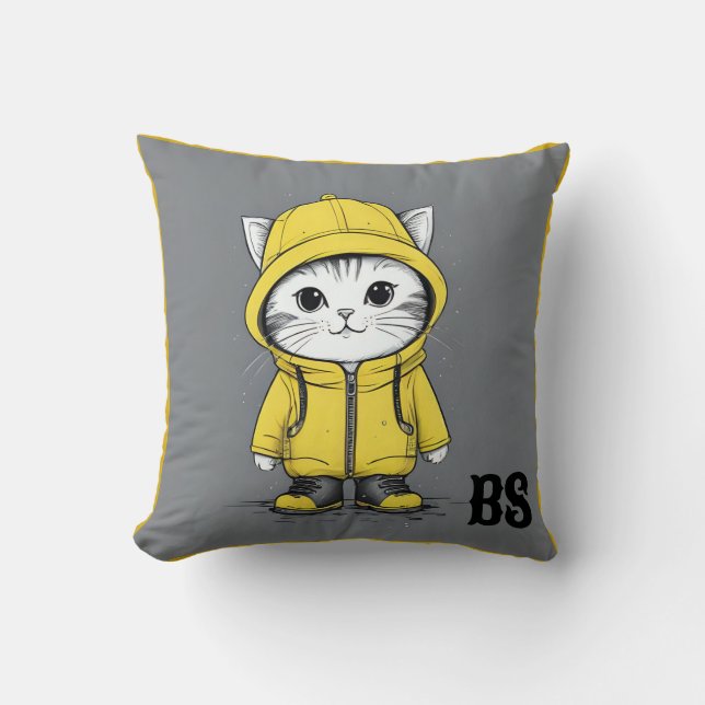Funny Cat in Rain Boots – cat Humor Throw Pillow (Front)