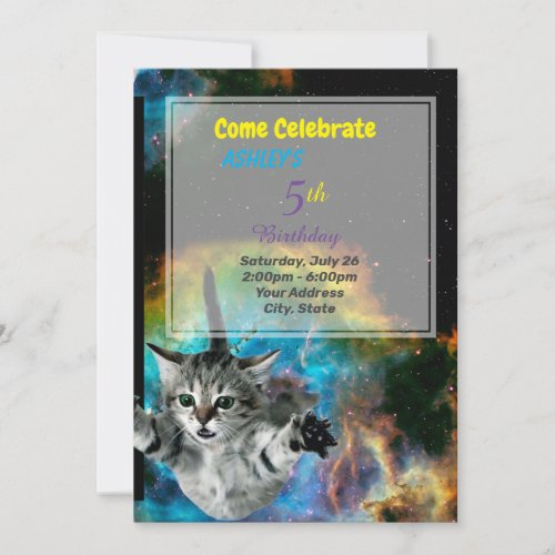 Funny Cat in Space Birthday Invitation