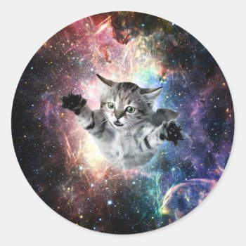 Funny Cat In Space Classic Round Sticker by jahwil at Zazzle