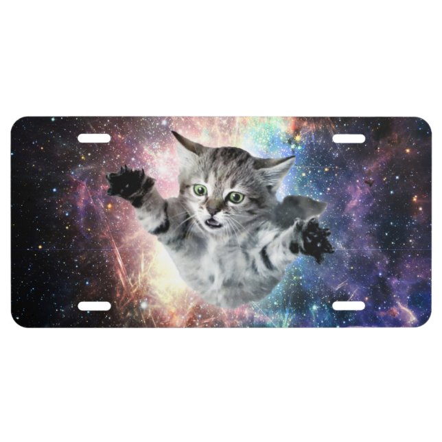 Funny cat in space  license plate (Front)