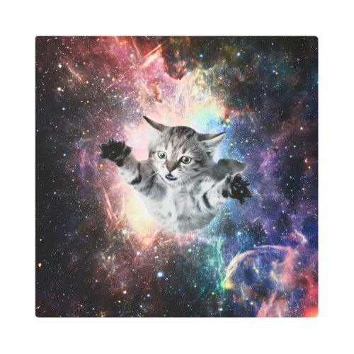 Funny cat in space  metal print