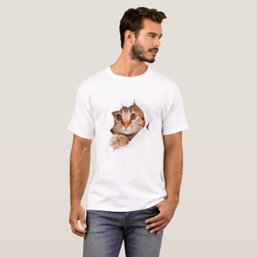 Funny cat in torn wallpaper hole T_Shirt