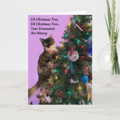 Funny Cat in Tree Eyeing Ornaments Christmas Card
