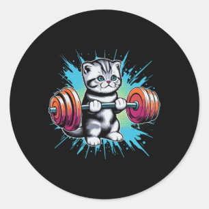 Funny Cat Kitten Lifting Weights Dumbbell Gym Work Classic Round Sticker