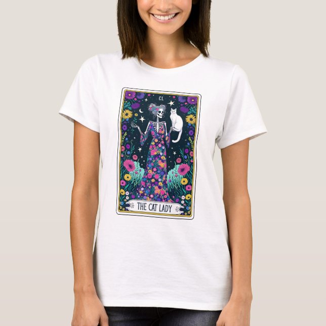 Funny Cat Lady Skeleton Tarot T-Shirt (Front)