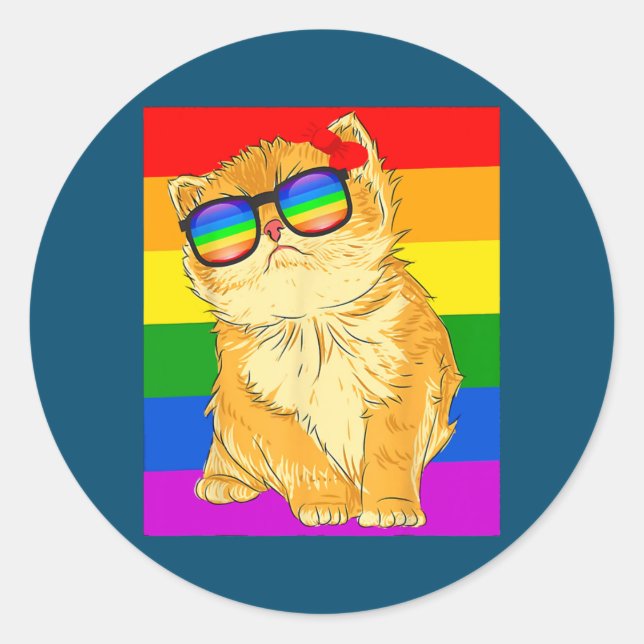 Funny Cat LGBT Gay Rainbow Pride Flag  Classic Round Sticker (Front)