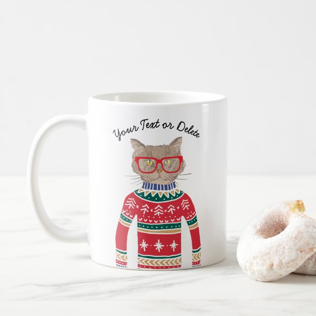 Funny Cat Lover Cat Wearing Ugly Christmas Sweater Coffee Mug (With Donut)