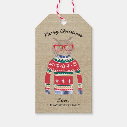 Funny Cat Lover Cat Wearing Ugly Christmas Sweater Gift Tags