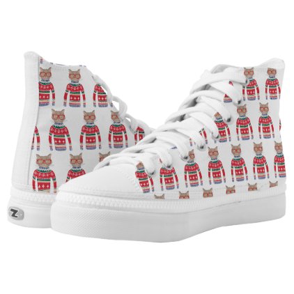 Funny Cat Lover Cat Wearing Ugly Christmas Sweater High-Top Sneakers