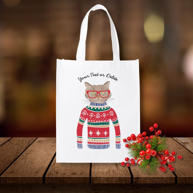 Funny Cat Lover Cat Wearing Ugly Christmas Sweater Reusable Grocery Bag (Creator Uploaded)