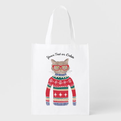Funny Cat Lover Cat Wearing Ugly Christmas Sweater Reusable Grocery Bag