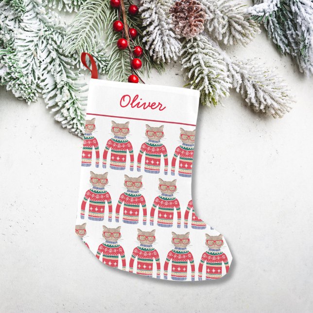 Funny Cat Lover Cat Wearing Ugly Christmas Sweater Small Christmas Stocking (Creator Uploaded)