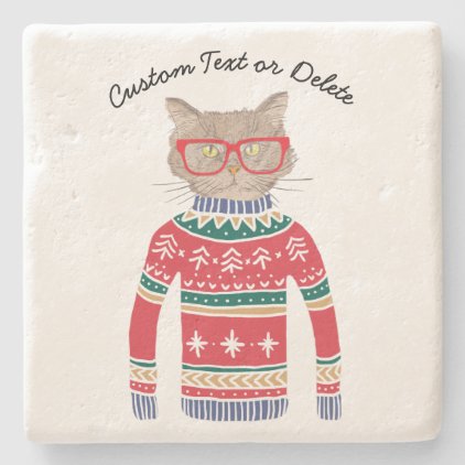 Funny Cat Lover Cat Wearing Ugly Christmas Sweater Stone Coaster