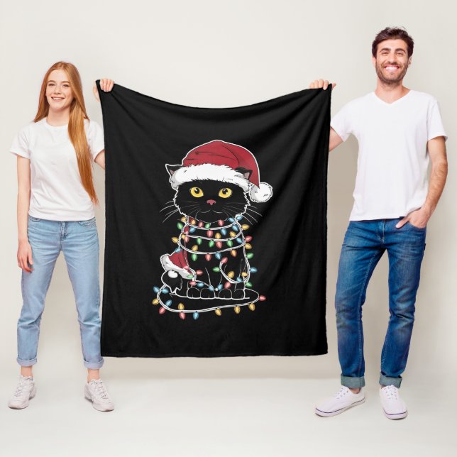 Funny Cat Lover Christmas Lights Fleece Blanket (In Situ)