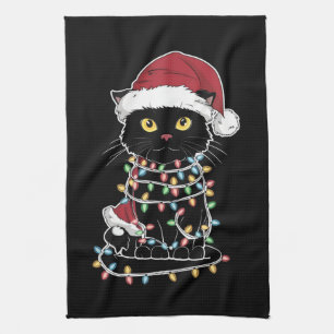 Funny Cat Lover Christmas Lights Kitchen Towel