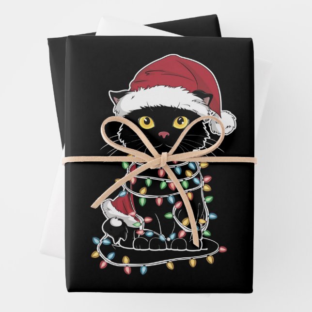 Funny Cat Lover Christmas Lights Wrapping Paper Sheets (In situ)