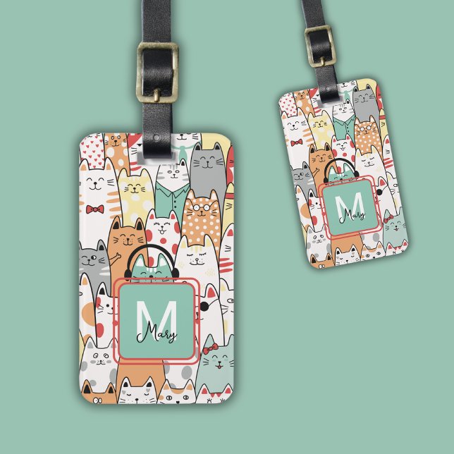 Funny Cat Lover Pastel Name On Monogram Travel  Luggage Tag (Creator Uploaded)