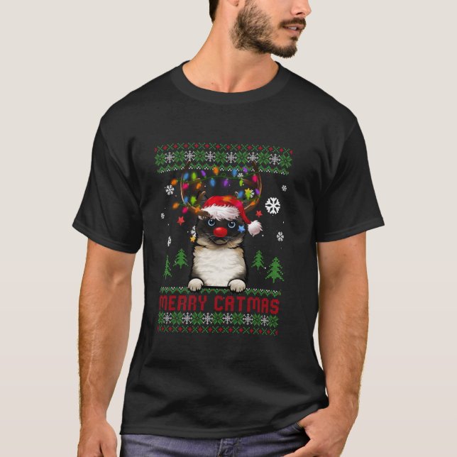 Funny Cat Lovers Cute Birman Catmas Ugly Christmas T-Shirt (Front)
