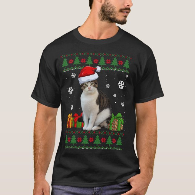 Funny Cat lovers Cute Cat Santa Hat Ugly Christmas T-Shirt (Front)