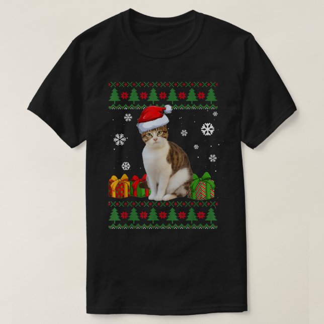 Funny Cat lovers Cute Cat Santa Hat Ugly Christmas T-Shirt (Design Front)