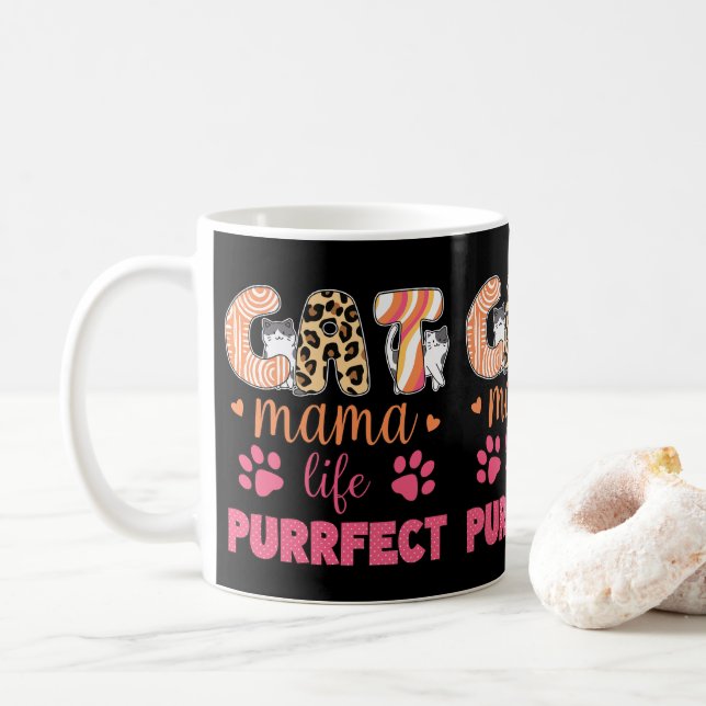 Funny Cat Mama Life Purrfect Leopard Print Cat Mom Coffee Mug (With Donut)