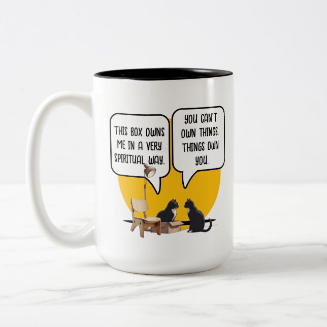 Funny Cat Materialism Philosophy Quote Two-Tone Coffee Mug (Left)