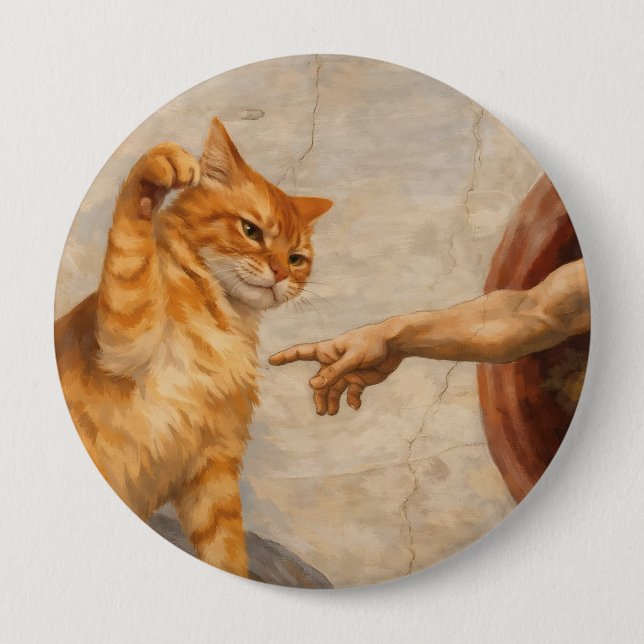 Funny Cat Meme Art Creation of Adam with Cat Sarca Button (Front)