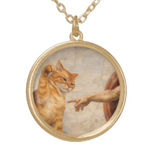Funny Cat Meme Art Creation of Adam with Cat Sarca Gold Plated Necklace