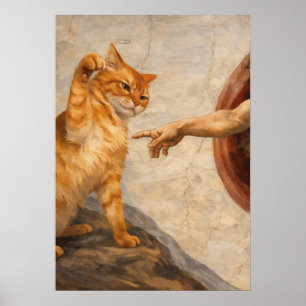 Funny Cat Meme Art Creation of Adam with Cat Sarca Poster