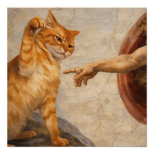 Funny Cat Meme Art Creation of Adam with Cat Sarca Poster