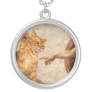 Funny Cat Meme Art Creation of Adam with Cat Sarca Silver Plated Necklace