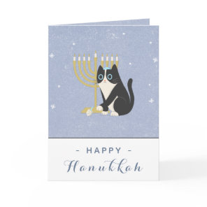 Funny Cat Menorah & Dreidel Happy Hanukkah Blue Card