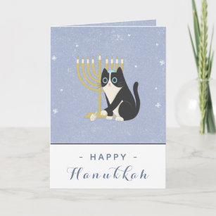 Funny Cat Menorah & Dreidel Happy Hanukkah Blue Card