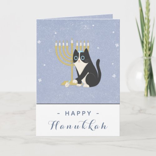 Funny Cat Menorah  Dreidel Happy Hanukkah Blue Card