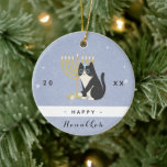 Funny Cat Menorah & Dreidel Happy Hanukkah Blue Ceramic Ornament<br><div class="desc">Decorate your Christmas tree with this cute,  Hanukkah theme ornament! Easily change the text by clicking on the "personalize this template" option.</div>