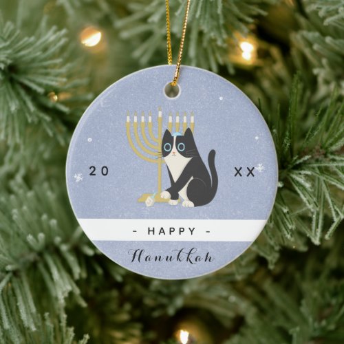 Funny Cat Menorah  Dreidel Happy Hanukkah Blue Ceramic Ornament