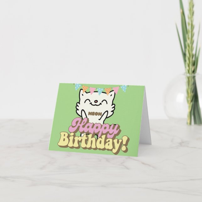 Funny cat Meow colorful vintage happy birthday Card (Front)